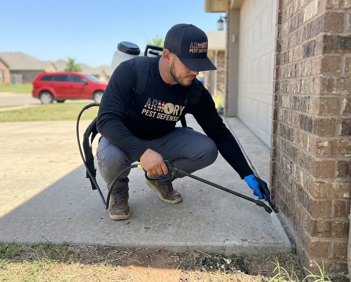 Technician applying ant bait along the foundation of an Oklahoma City property