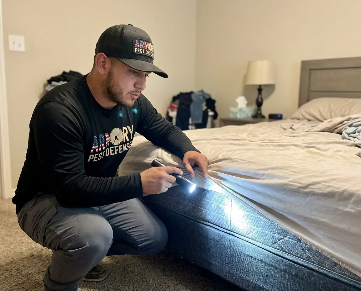 Technician inspecting a mattress seam for bed bugs in an Oklahoma City home