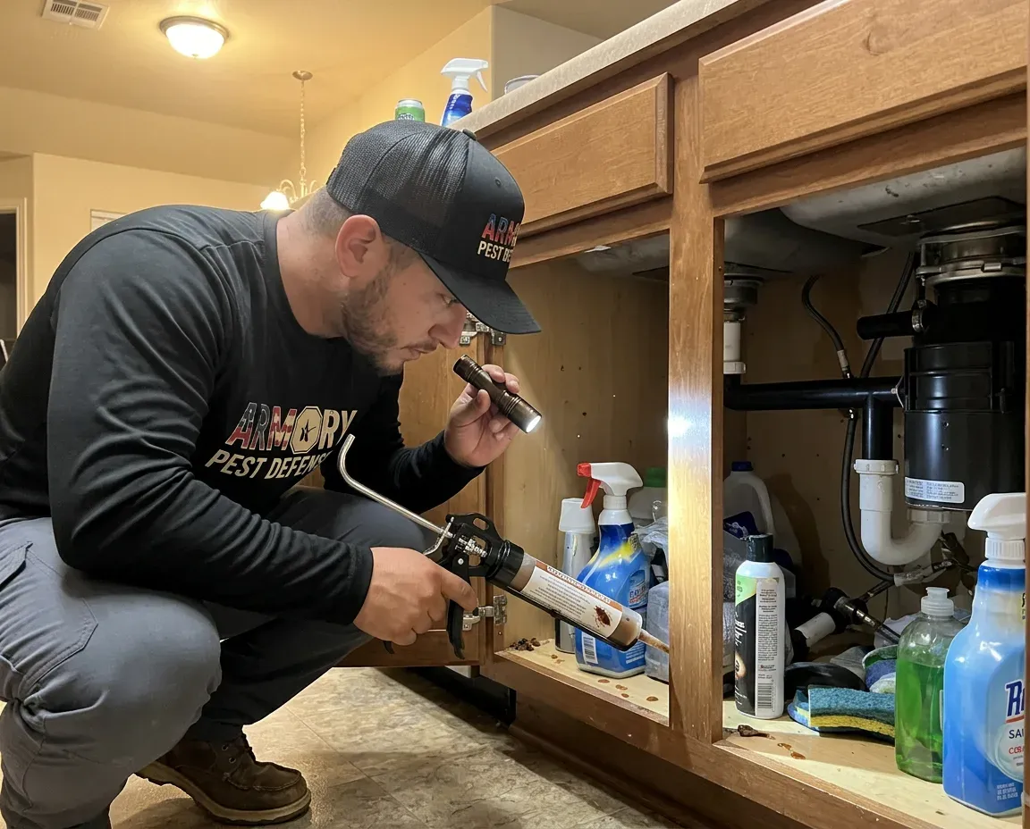 Technician applying cockroach gel bait inside a kitchen cabinet in Oklahoma City
