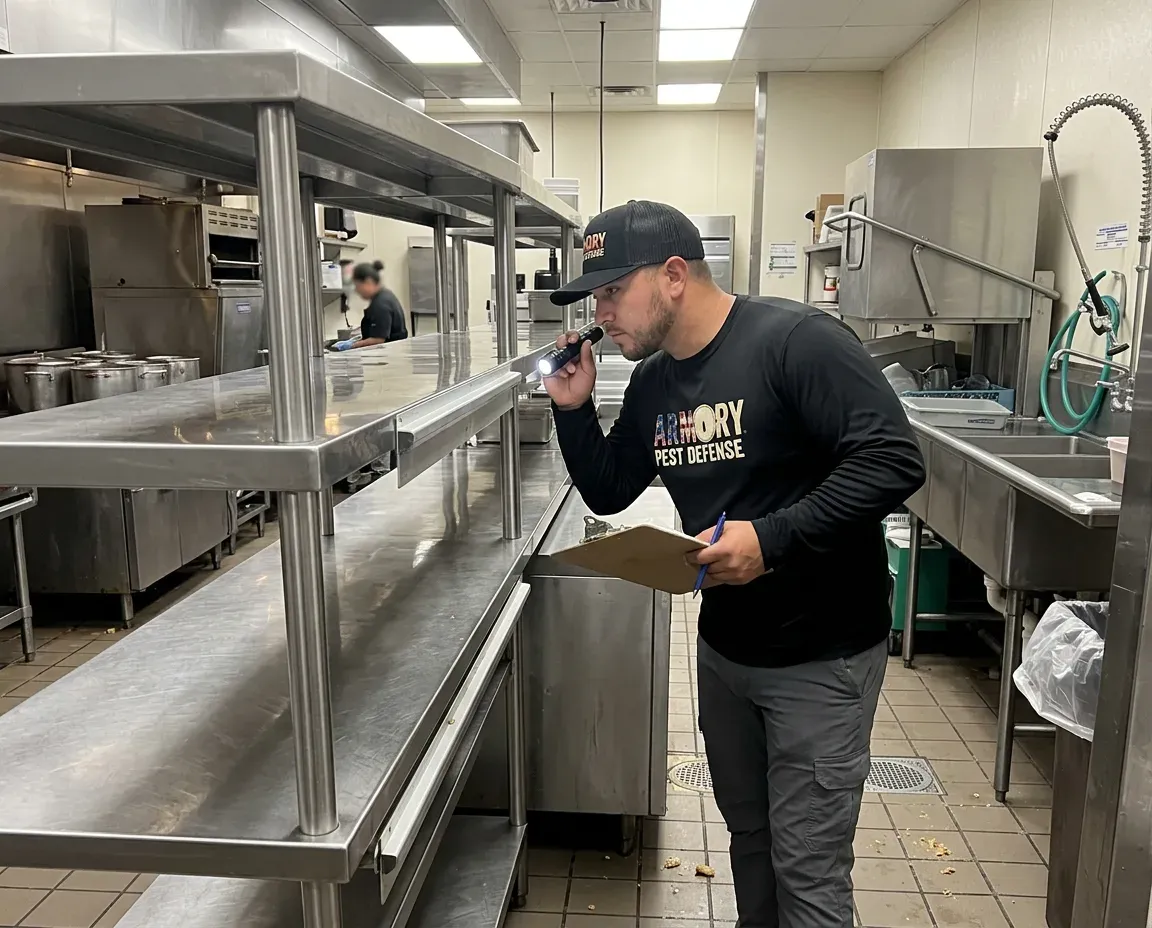 Commercial pest control technician servicing an Oklahoma City business kitchen