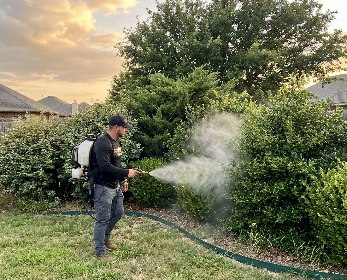 Mosquito barrier treatment being applied to a backyard tree line in Oklahoma City