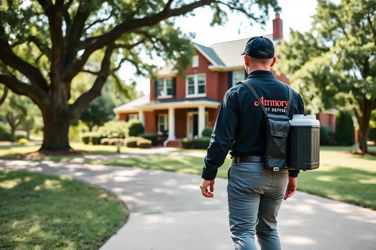 Armory Pest Defense technician providing pest control at a home in Edmond, Oklahoma
