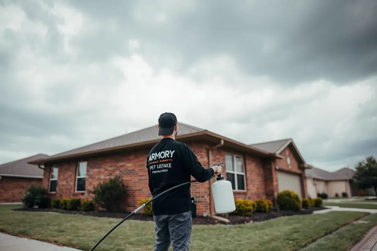 Armory Pest Defense technician providing pest control at a home in Moore, Oklahoma