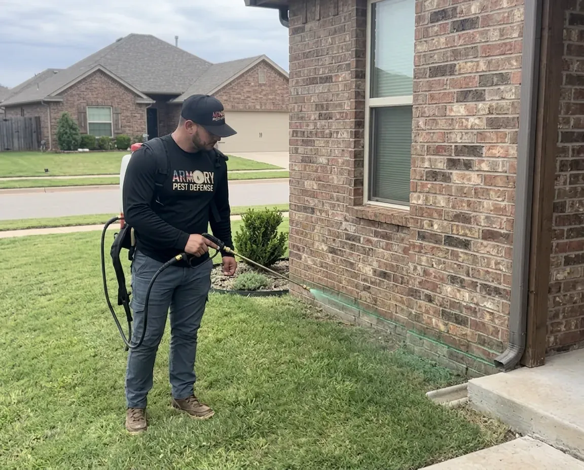 Armory Pest Defense technician treating the exterior perimeter of an Oklahoma City home