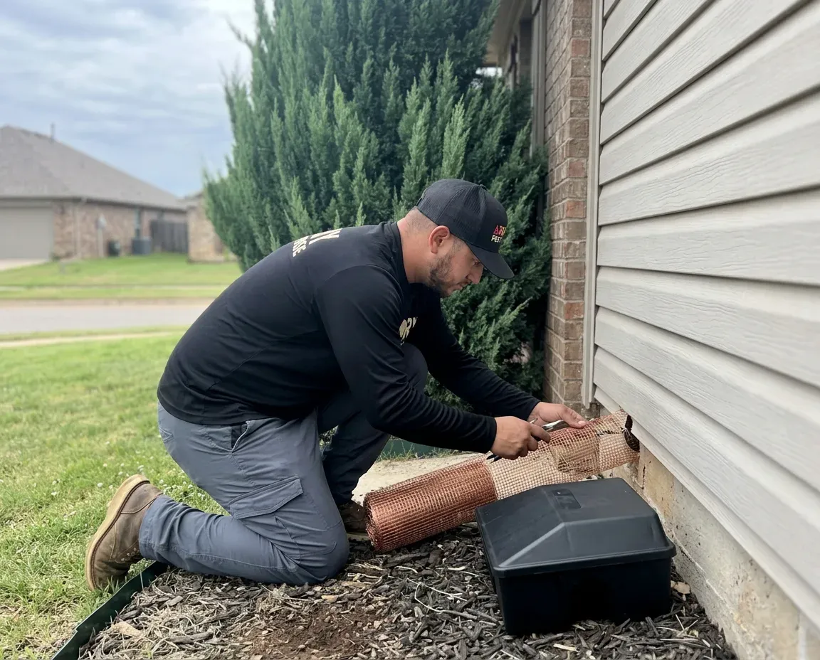 Rodent exclusion work sealing entry points on an Oklahoma City home