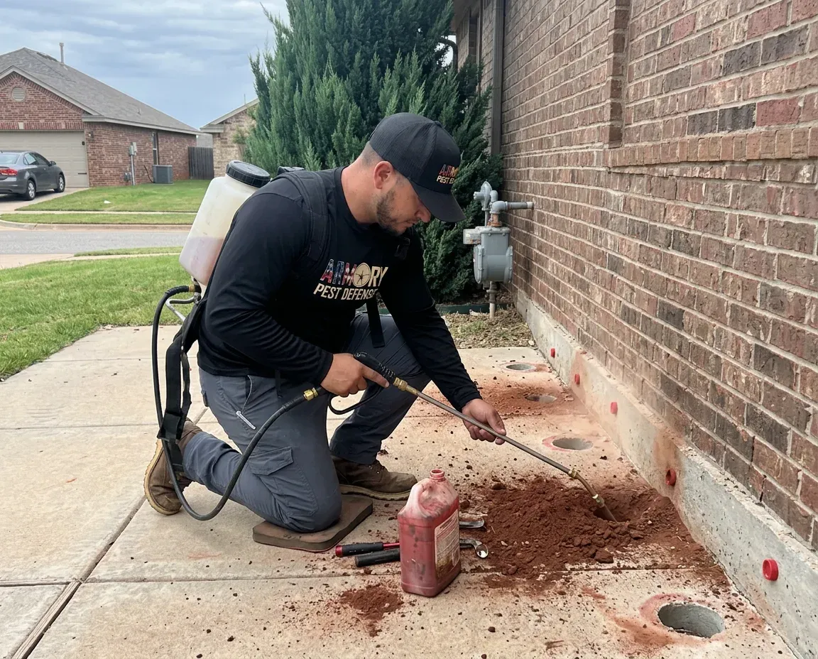 Armory Pest Defense termite technician inspecting an Oklahoma City home foundation