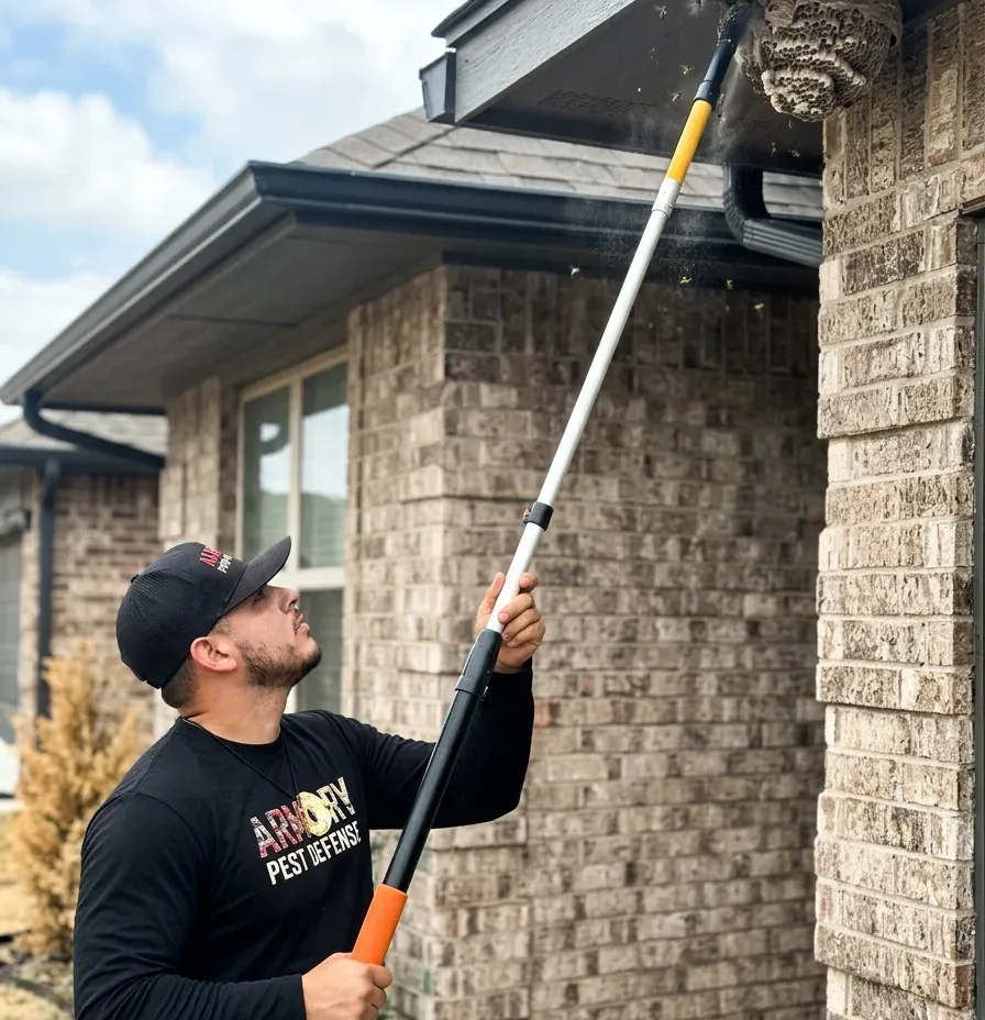 Technician removing a wasp nest from the eave of an Oklahoma City home