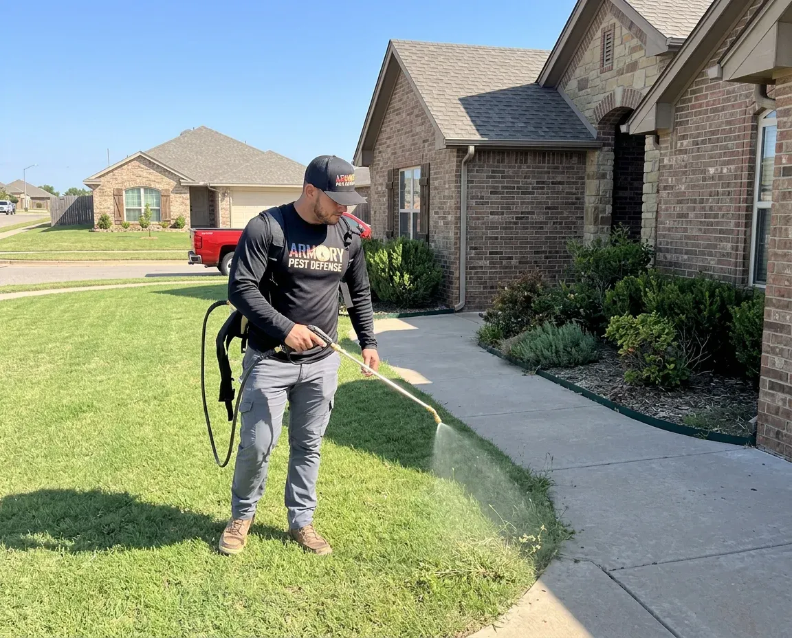 Lawn weed control treatment being applied to an Oklahoma City yard